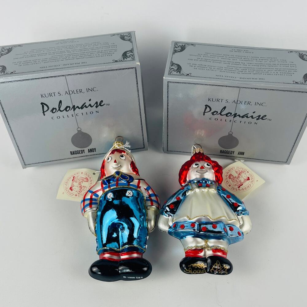 Kurt S. Adler Polonaise Raggedy Ann and Andy Vintage Glass Ornaments with Box